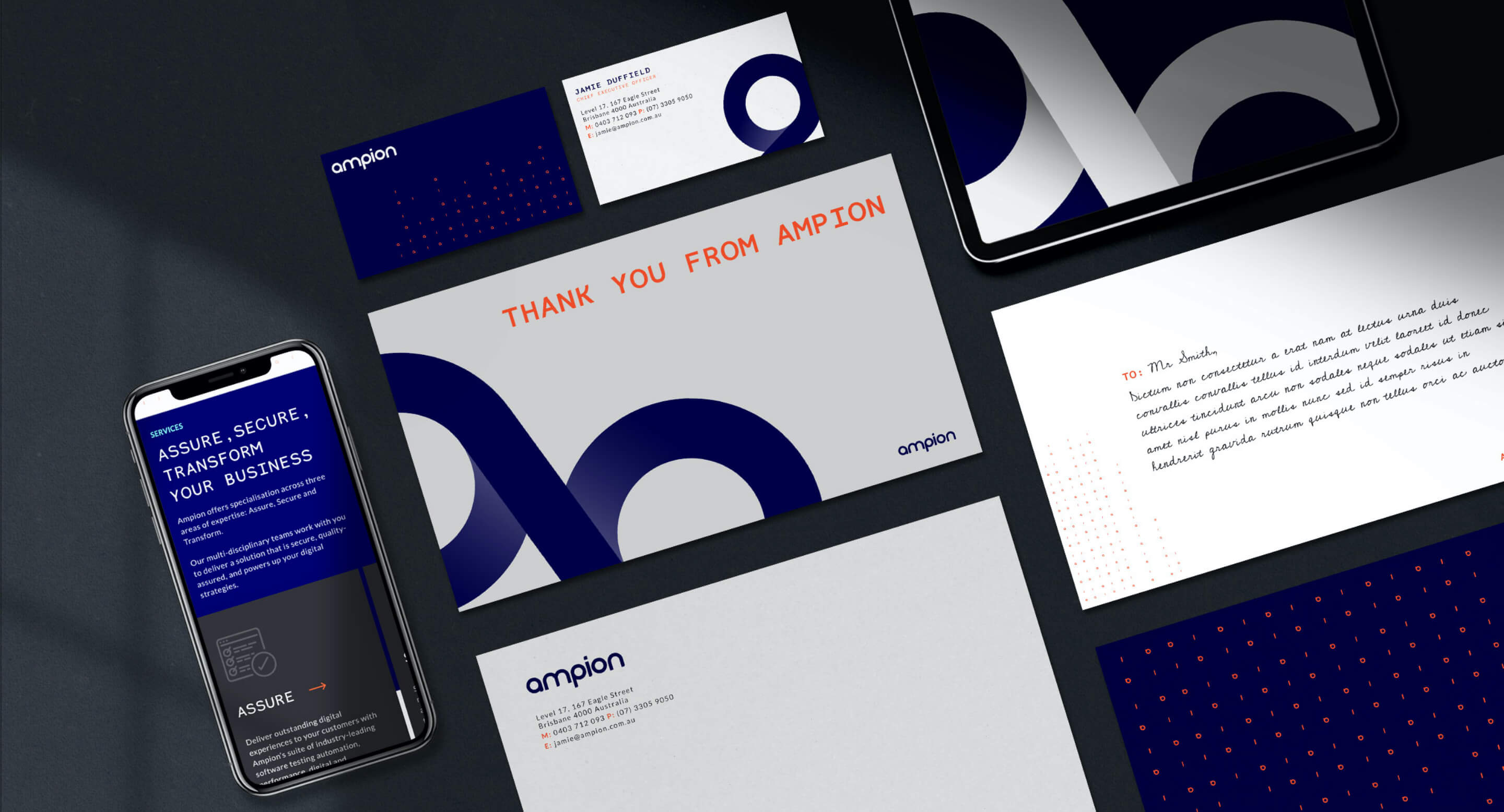 Ampion branded mobile screen, business cards, letterheads and other designs.